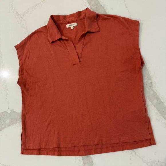 Madewell Relaxed Polo Tee Cap Sleeve Women's Medium Orange Cotton Muscle Style - Picture 2 of 5